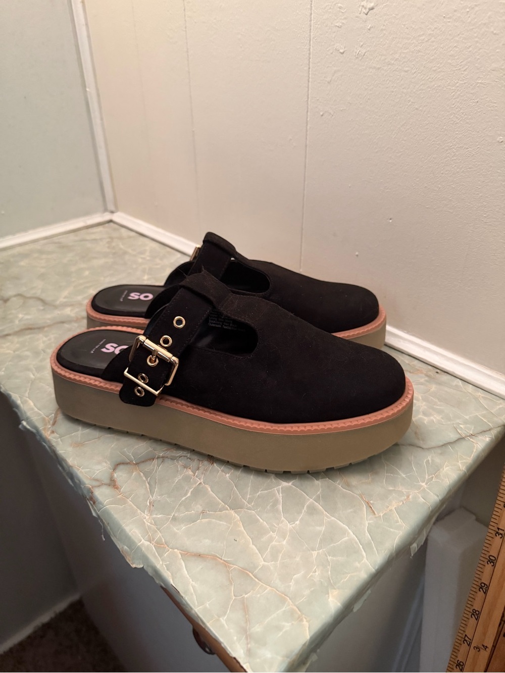 SO Black Suede Platform Mule with Gold Buckle